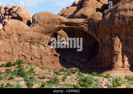 Doppelbogen, Bucht von Höhlen, unaufhörlichen, erosive Kräfte des Windes, Scheuern, Sand, Regen, Wetter, Arches-Nationalpark, Utah, USA Stockfoto