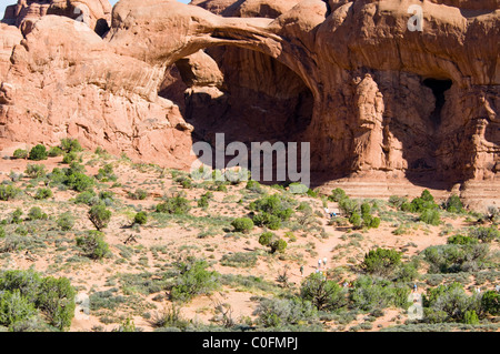 Doppelbogen, Bucht von Höhlen, unaufhörlichen, erosive Kräfte des Windes, Scheuern, Sand, Regen, Wetter, Arches-Nationalpark, Utah, USA Stockfoto