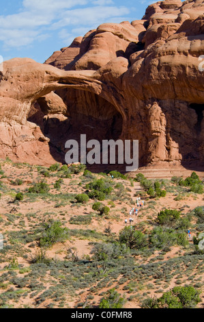 Doppelbogen, Bucht von Höhlen, unaufhörlichen, erosive Kräfte des Windes, Scheuern, Sand, Regen, Wetter, Arches-Nationalpark, Utah, USA Stockfoto