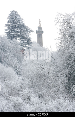 Lord Hill Spalte in Shrewsbury, Shropshire umgeben von Schnee und Raureif, Dezember 2010. Stockfoto