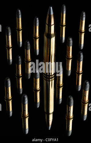 Full metal jacket Winchester 30 06 Springfield Patrone und 22 Kaliber führen Gewehrkugeln auf Black Mirror Stockfoto