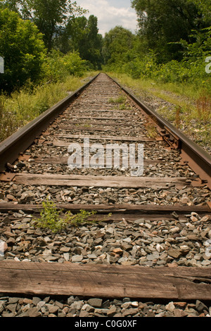 Wenig befahrene Bahnstrecke scheint zu verschwinden, in die Bäume von einer kleinen Stadt in New England, USA. Stockfoto