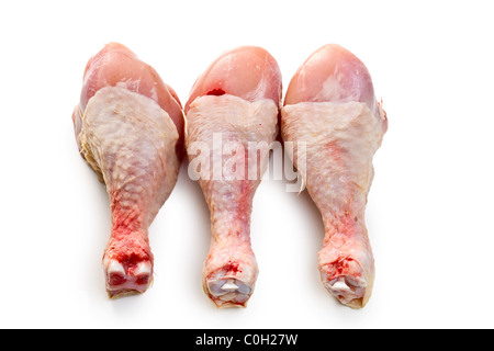 Rohe Hähnchenschenkel auf weißem Hintergrund Stockfoto