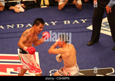 Manny Pacquiao (l) schlug David Diaz (r) durch technischen KO in der neunten Runde für den WBC-Titel leicht im Mandalay Bay Stockfoto