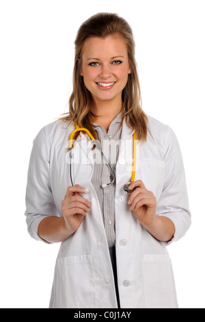 Schönen weiblichen Arzt oder Krankenschwester lächelnd isoliert auf weißem Hintergrund Stockfoto