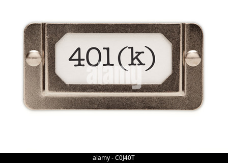 401 (k) Datei Schublade Label isoliert auf einem weißen Hintergrund. Stockfoto
