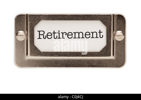 Ruhestand Datei Schublade Label isoliert auf einem weißen Hintergrund. Stockfoto