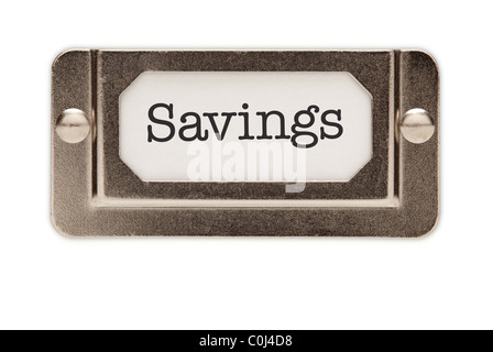 Einsparungen Datei Schublade Label isoliert auf einem weißen Hintergrund. Stockfoto