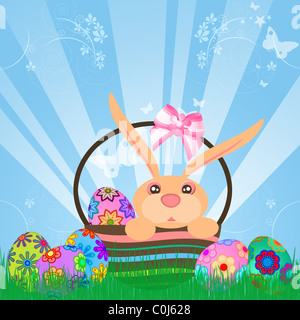 Ostereier Hase in Korb floralen Design Himmel Strahlen Grass Abbildung Stockfoto