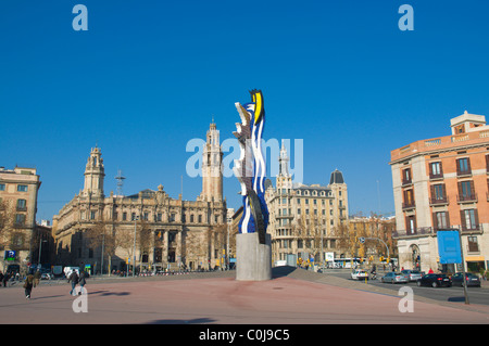 Placa d ' Antoni Lopez Quadrat mit Roy Lichtensteins Kopf Skulptur Barcelona Catalunya Spanien Mitteleuropa Stockfoto