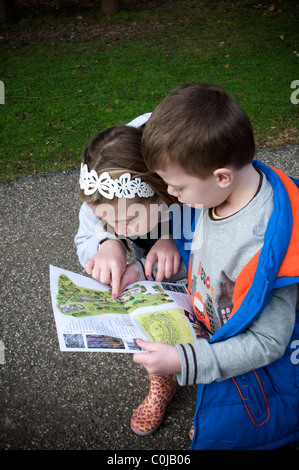 Bruder und Schwester, die Beratung einer Karte. Kinder, lesen, Geheimnis, Schatz, Karte Emotionen | Landschaftsformen | Pflanzen | Zahlen | Leben | verloren Stockfoto