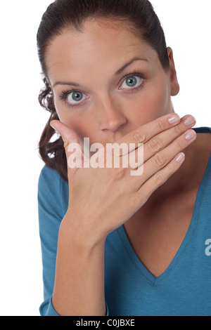 Braune Haare Frau Ausdruck Schock auf weißem Hintergrund Stockfoto