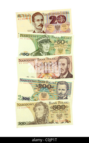 Polnische Banknoten 20, 50, 100, 200 ich 500 Zloty von 1980 der kommunistischen Ära vertreten Stockfoto