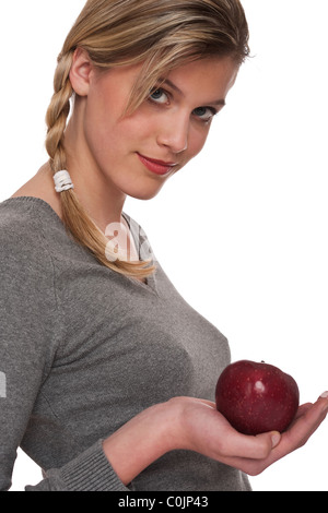 Frau mit roter Apfel auf weißem Hintergrund Stockfoto