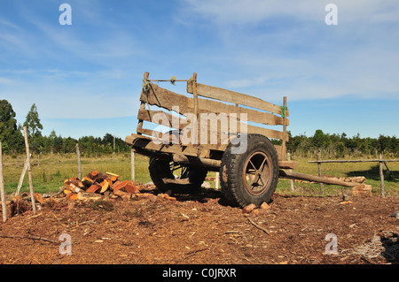 Schöne Aussicht von kleinen Wagen mit Gummirädern durch einen Haufen von Protokollen umgeben von braunen Holz-Späne, Ancud, Chiloé Insel, Chile Stockfoto