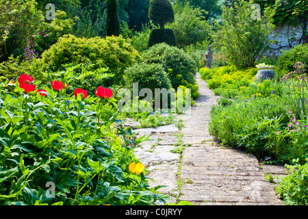 Einen gepflasterten Gartenweg zwischen Sträuchern und Blumen Grenzen in einem englischen Landhaus-Garten im Sommer Stockfoto