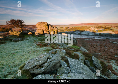 Felsen und Weißdorn Baum und Blick auf Dawn, Sattel Tor, Dartmoor Stockfoto