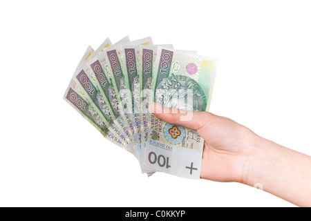 Hand mit polnischen Geld isoliert auf weiss Stockfoto