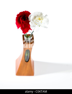 Einzelne rote und weiße spray Carnation Blüten in einer geschnitzten Teak Vase mit einzigartigen Öffnung zeigt des Stamms Stockfoto