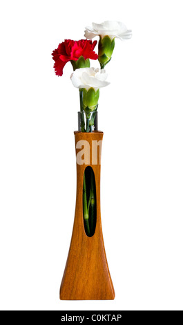 Einzelne rote und zwei weiße Gischt Carnation Blüten in einer geschnitzten Teak Vase mit einzigartigen Eröffnung zeigt des Stamms Stockfoto