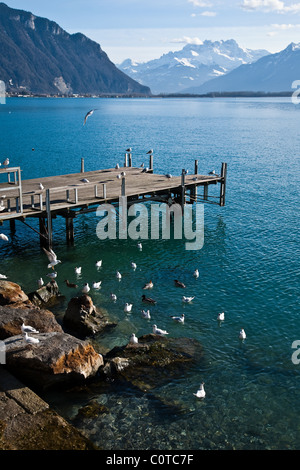 Eine Bootsanlegestelle am Ufer des Genfer Sees in Montreux, Schweiz Stockfoto