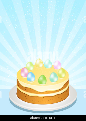 Osterkuchen mit Zitronenglasur und gesprenkelte Ostereier an der Spitze Stockfoto