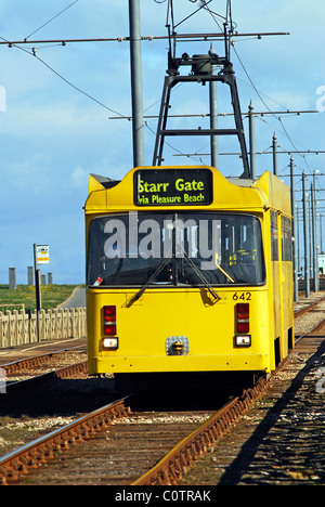 Alte Single Deck Blackpool Tram, die an der Küste Stockfoto