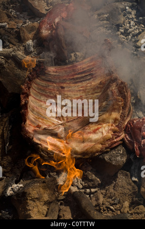 Wasserbüffel, Känguru und Fische auf Holz gekocht wird Feuer in einer Aborigine-Gemeinde im Northern Territory von Australien Stockfoto