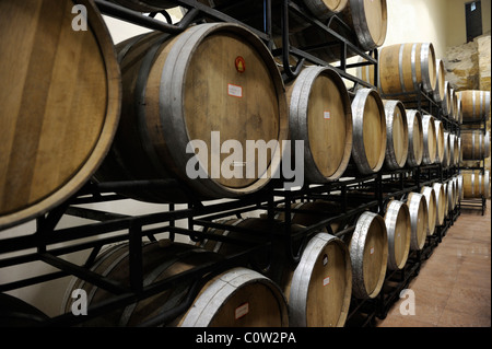 Eichenfässern auf dem Weingut Vertrag Port Weinberge in Penglai, Provinz Shandong. 6. November 2010 Stockfoto