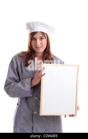 junge Köchin mit Bord auf weißem Hintergrund hinzufügen Stockfoto