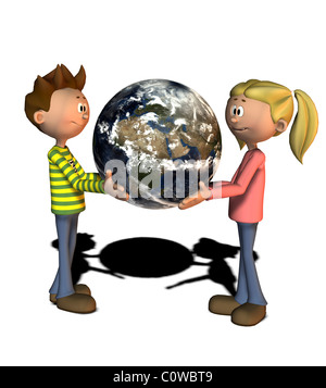 jungen und Mädchen mit Globus comic-Style Illustrationen Stockfoto