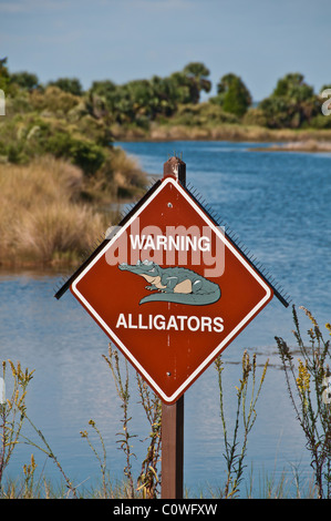 Alligator-Warnschild mit Vogel Kontrolle Spikes am Teich St Marks National Wildlife Refuge Stockfoto