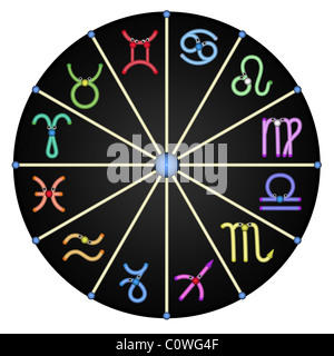 Die von bunten Zodiac Sternzeichen, eines schwarzen Hintergrund, 3d, es ist isoliert. Stockfoto