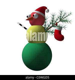 Der Schneemann in Form einer Ampel mit Händen – ein Geschenk Socken auf einen Zweig einer Tanne und ein Mitarbeiter des Automobils, 3d. Stockfoto