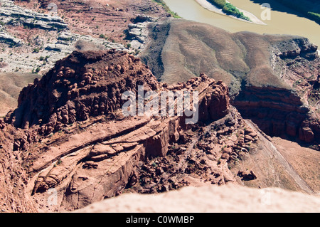 Blick auf La Sal Mountains, Colorado Plateau, Fluss, 6000 Fuß über dem Meeresspiegel, Salzseen, geologische, Dead Horse State Park, Utah, USA Stockfoto