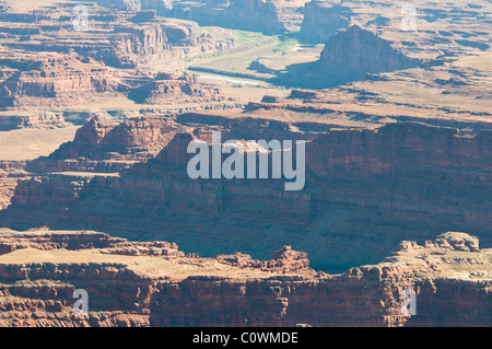 Blick auf La Sal Mountains, Colorado Plateau, Fluss, 6000 Fuß über dem Meeresspiegel, Salzseen, geologische, Dead Horse State Park, Utah, USA Stockfoto