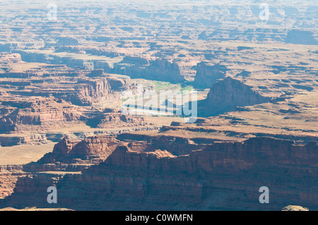 Blick auf La Sal Mountains, Colorado Plateau, Fluss, 6000 Fuß über dem Meeresspiegel, Salzseen, geologische, Dead Horse State Park, Utah, USA Stockfoto