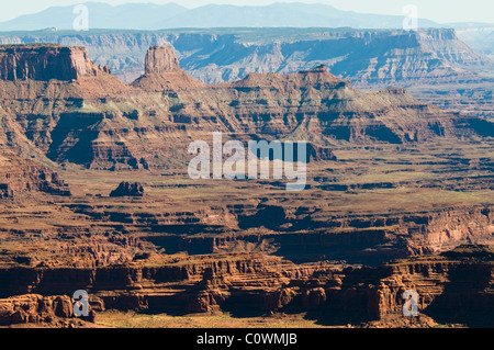 Blick auf La Sal Mountains, Colorado Plateau, Fluss, 6000 Fuß über dem Meeresspiegel, Salzseen, geologische, Dead Horse State Park, Utah, USA Stockfoto
