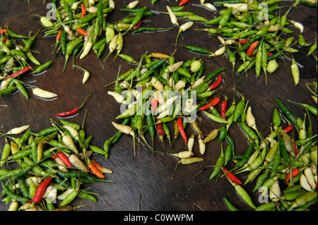 Nahaufnahme von gemischten Chili Peppers am Victoria Market in Victoria, der Insel Mahé, Seychellen Stockfoto