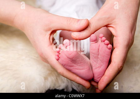 Einer Mutters, die in der Form eines Herzens um ein neugeborenes Baby Füße Hände Stockfoto