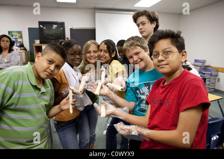 Mittelschüler / innen anzeigen Filipino Lumpia (Frühlingsrollen) in der Klasse während einer ethnischen Lebensmitteln Demo am Tag der Vielfalt machten Stockfoto