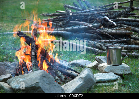 Lagerfeuer im Wald. Frühjahr 2007, Volovets Bezirk Stockfoto