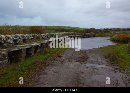 Clapper Bridge, Mayo, von einem John Alexander, Mitglied einer evangelischen Kolonie in den 1840er Jahren erbaut. Stockfoto