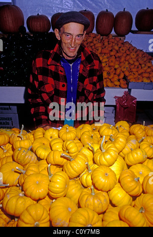 Französisch-kanadischen Mann, franko-kanadischer, Mann, erwachsener Mann, reifer Mann, Anbieter, Verkauf von Kürbissen, Atwater Market, Montreal, Québec, Kanada Stockfoto