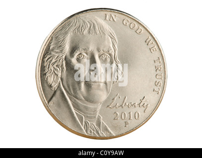 2010 US Nickel Münze. Der Nennwert von 5 Cent ist jetzt kleiner als der Wert der Metalle in der Münze. Stockfoto