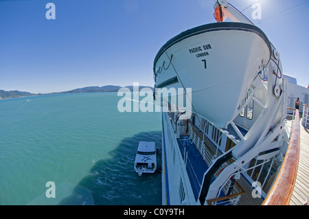 Ansicht der Rettungsboote auf dem Kreuzfahrtschiff "Pacific Sun' in den Whitsunday Islands, Queensland, Australien angedockt. Die Whitsundays im Great Barrier Reef Stockfoto