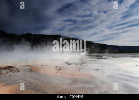 Blick von einem Gehweg über eines der Yellowstone Thermalbecken mit Dampf steigt in thermischen Trichtern aus der Oberfläche des Wassers. Stockfoto