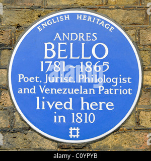 English Heritage Blue Gedenktafel zur Erinnerung an Andres Bello eine venezuelanische Patriot Dichter, Jurist und Sprachwissenschaftler im Grafton Weg, London England UK gelebt Stockfoto