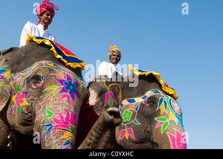 Zwei Inder auf bemalten Elefanten während des jährlichen Jaipur Elephant Festival Stockfoto