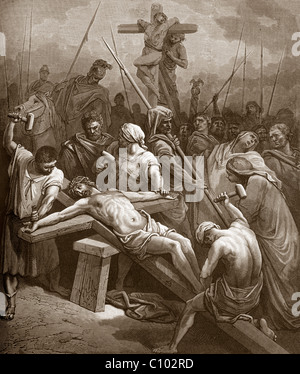 Bible Stories - Illustration der Nageln Christi an das Kreuz Aus dem Neuen Testament Johannes 19:18-19 Stockfoto